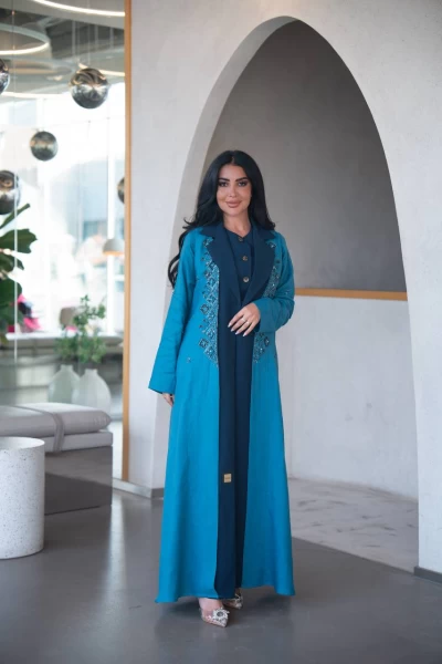 عباية بليزر باللون الازرق بخام لينن مع كريب من الامام C:IB323 Blue