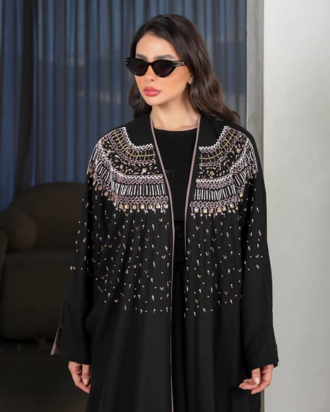 Black Linen Abaya With Doubt IB142Black